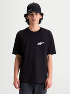 Alpinestars Meteor CSF Tee, Men's Short Sleeve Sportswear T-Shirt, Black with a white Astars chest logo, casual everyday motorsport apparel worn by a model.