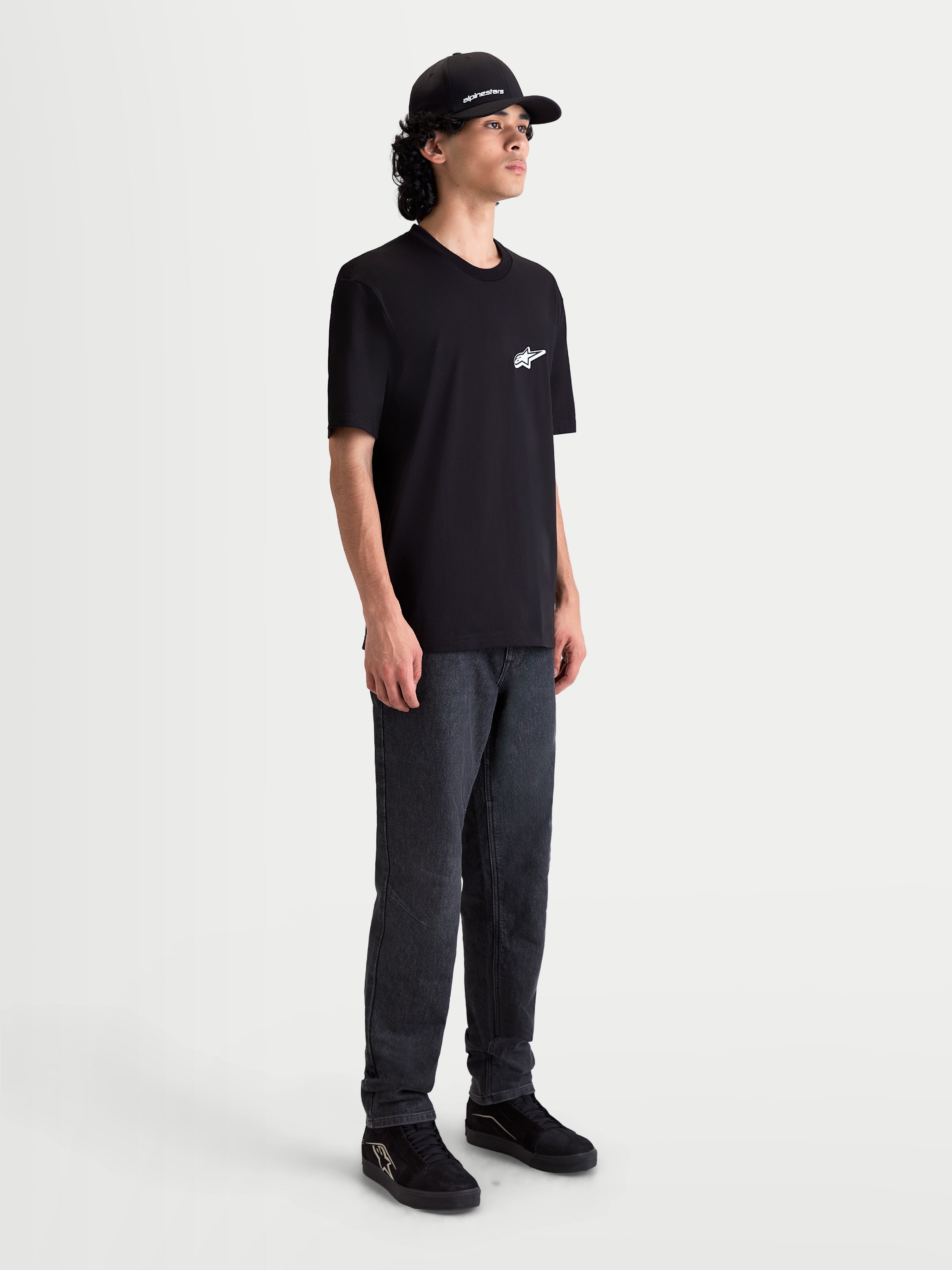 Alpinestars Meteor CSF Tee, Men's Short Sleeve Sportswear T-shirt, Black with White MX-inspired gradient logo, 60/40 cotton-poly blend, casual lifestyle and motorsport apparel.