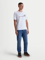 Alpinestars P1 CSF Tee, Short Sleeve Sportswear T-Shirt, Unisex, White, featuring a black race stripe logo graphic with a soft-hand print finish, constructed from a comfortable 60/40 cotton-poly blend for everyday casual wear.