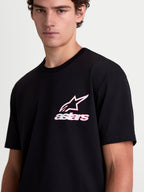 Alpinestars Lineout CSF Tee, Short Sleeve Sportswear T-Shirt on model, Black with White and Red Astars Logo Graphic, Cotton-Poly Blend, Casual Lifestyle Wear for Men and Women