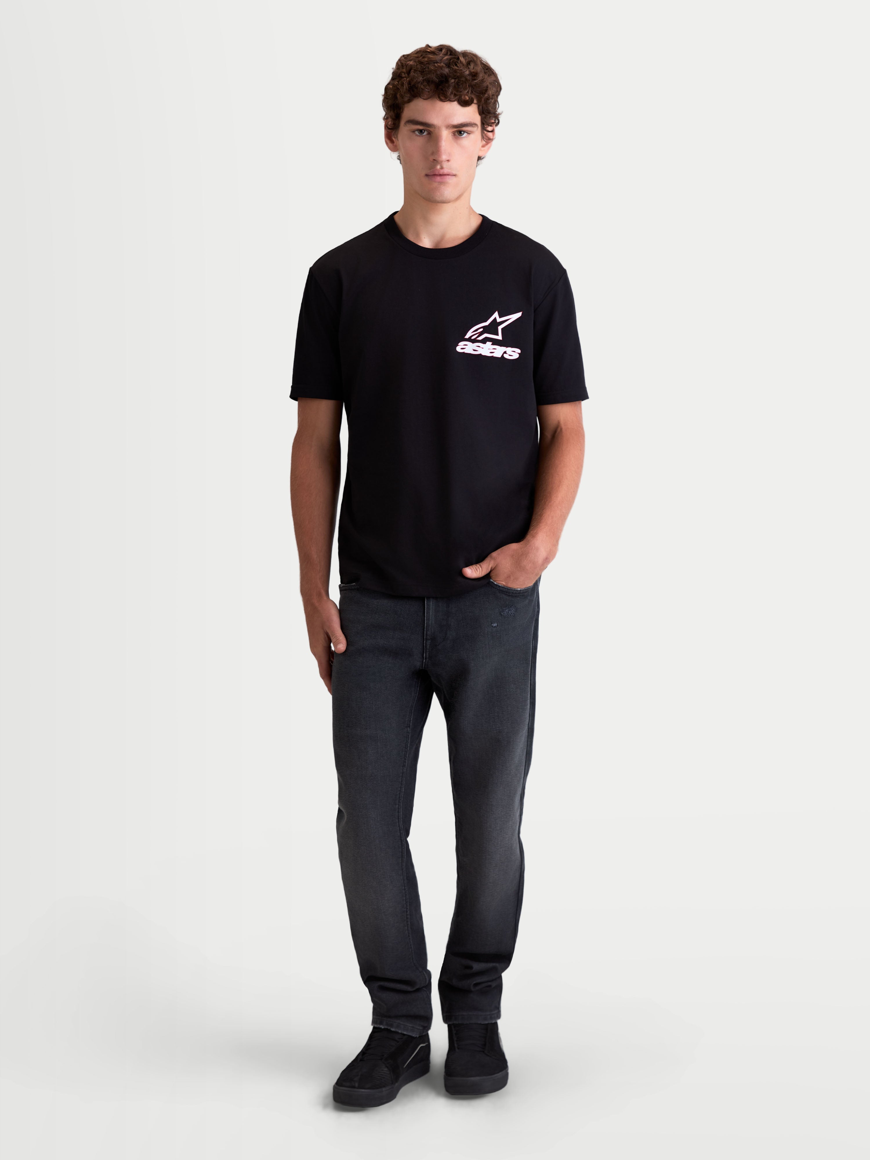 Alpinestars Lineout CSF Tee, Men's Short Sleeve Sportswear T-Shirt, Black with white and pink Astars logo graphic, on-model view, soft cotton-poly blend fabric.
