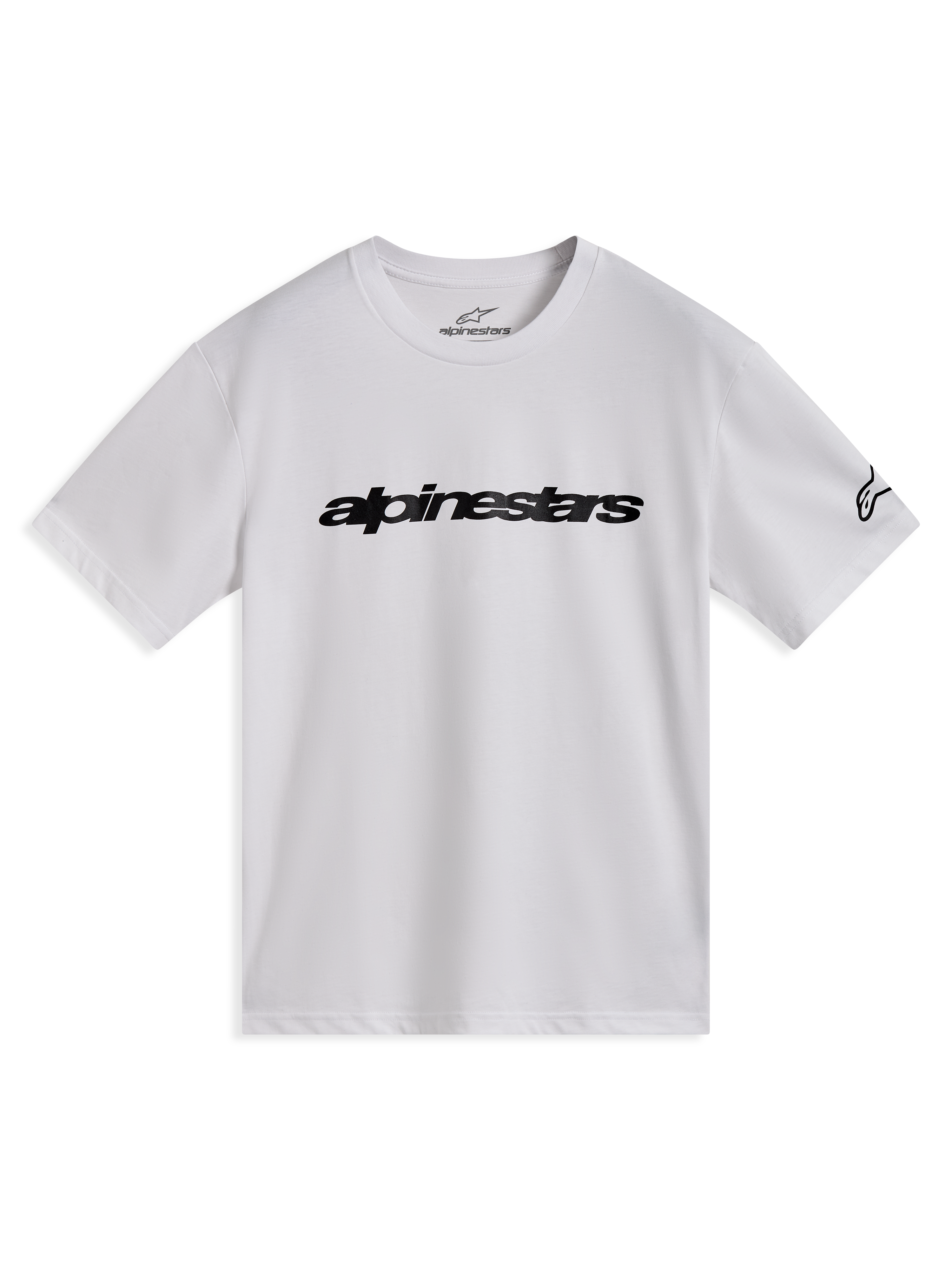 Alpinestars Race Wordmark CSF Tee, white short sleeve sportswear shirt with black chest logo and sleeve graphic.