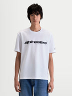 Alpinestars Race Wordmark CSF Tee, Short Sleeve Sportswear T-Shirt, White and Black, featuring a bold motorsport wordmark graphic and sleeve logo, premium cotton-poly blend for casual comfort, on-model front view.