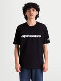 Alpinestars Race Wordmark CSF Tee, Men's Casual Sportswear Short Sleeve T-shirt on model, Black and White, featuring a bold front logo graphic and sleeve Ageless logo.