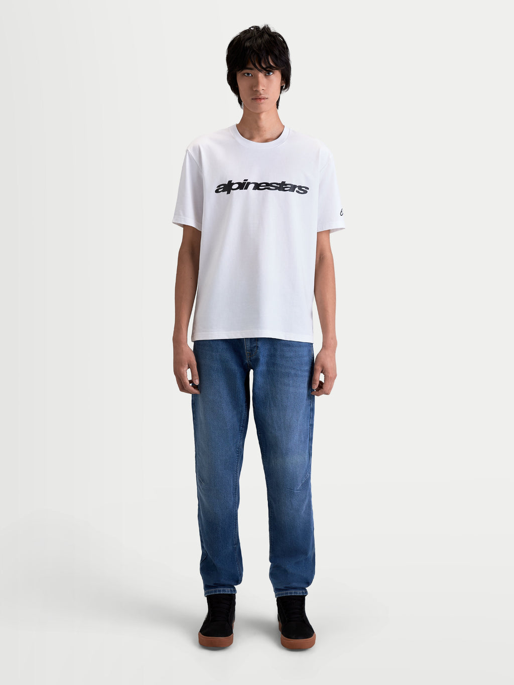 Alpinestars Race Wordmark CSF Tee, Casual Motorsport Sportswear, Unisex Short Sleeve T-Shirt, White and Black, Cotton-Poly Blend, On-Model Front View featuring a bold chest wordmark.