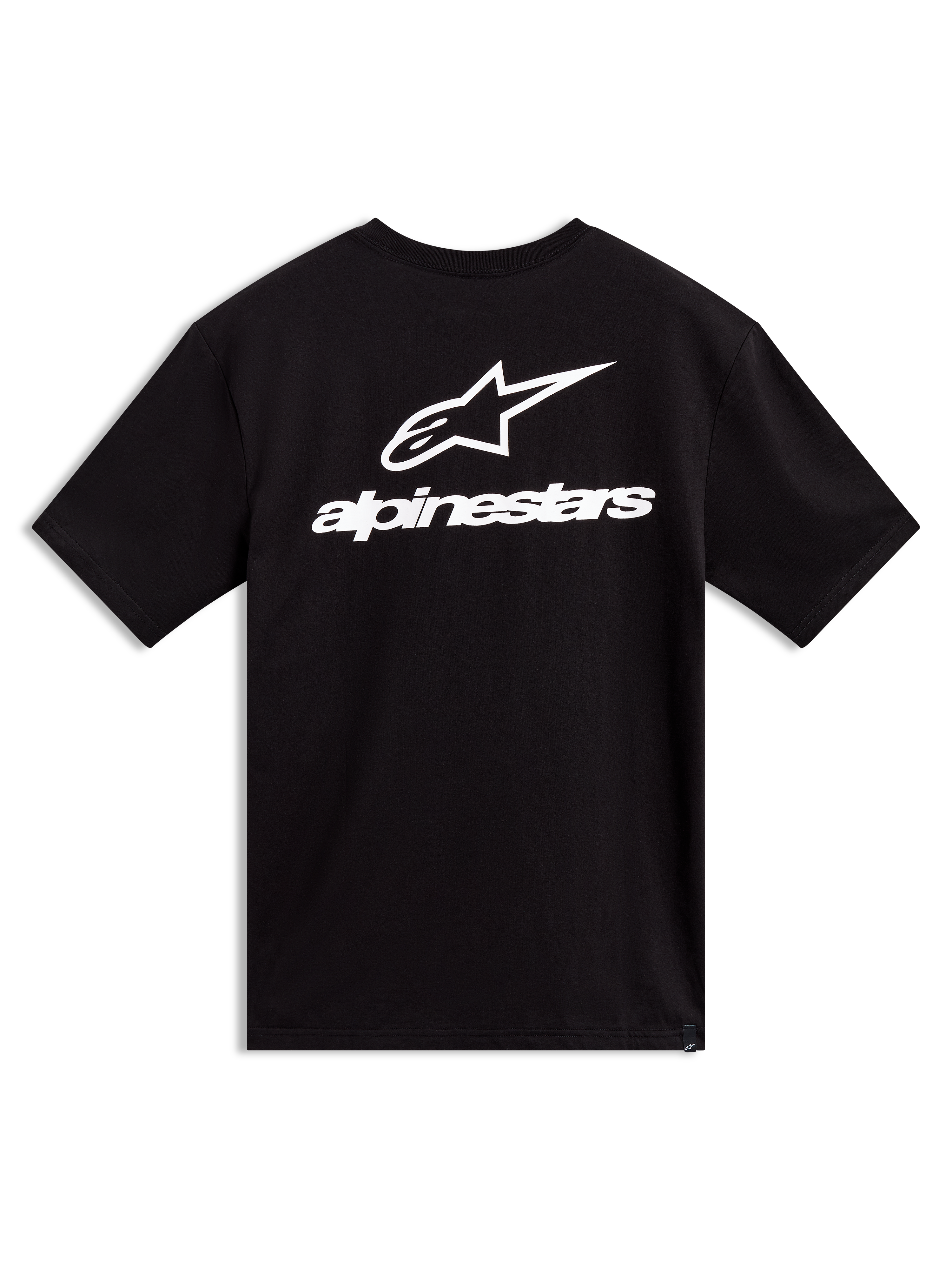 Alpinestars Combo Back CSF Tee, black short sleeve sportswear shirt featuring a white logo and wordmark graphic on the back.