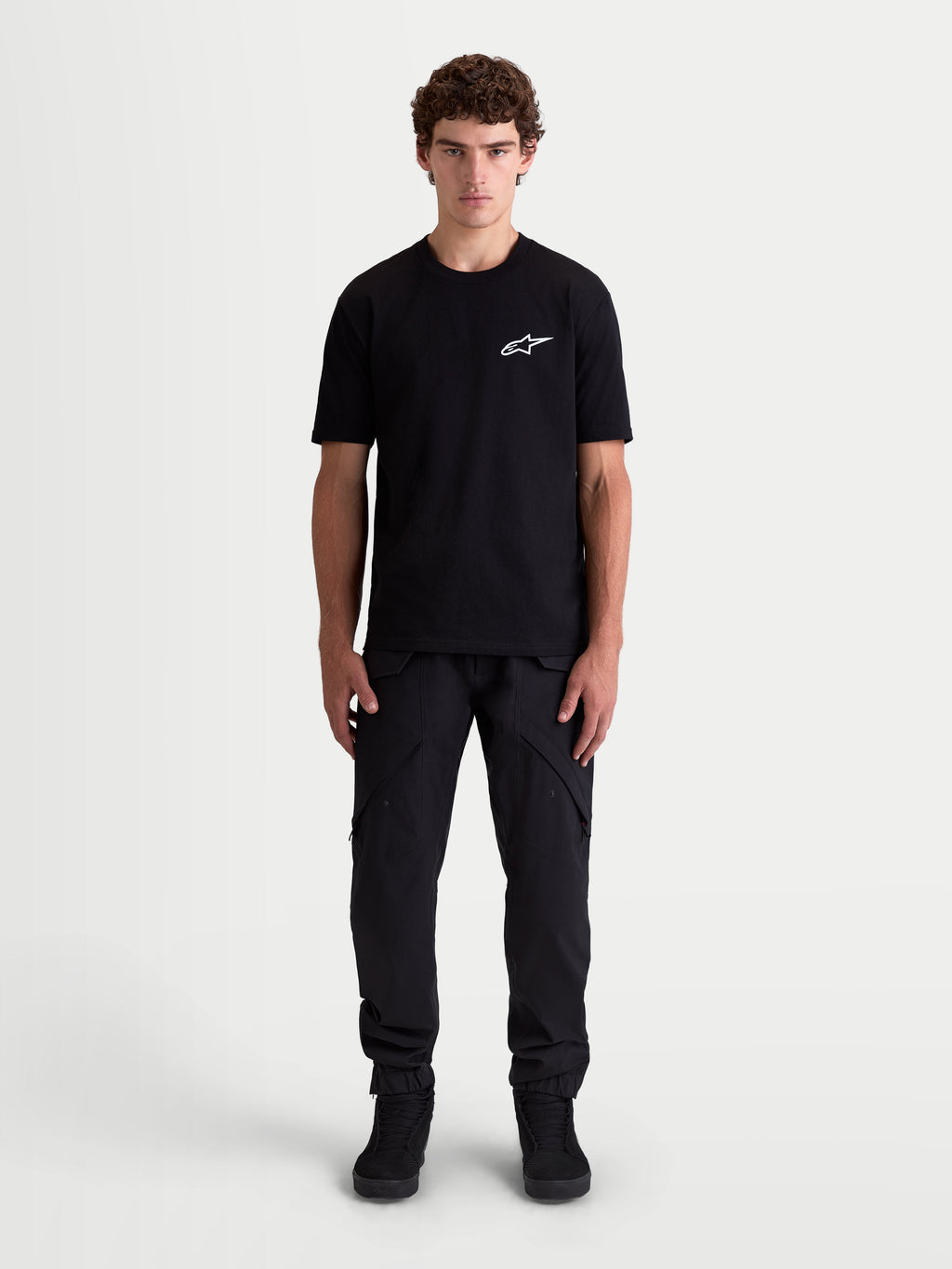 Alpinestars Combo Back CSF Tee, Men's Short Sleeve Sportswear T-Shirt, Black with White Astars Logo on Chest, Premium Cotton-Poly Blend for Motorsport-Inspired Style.