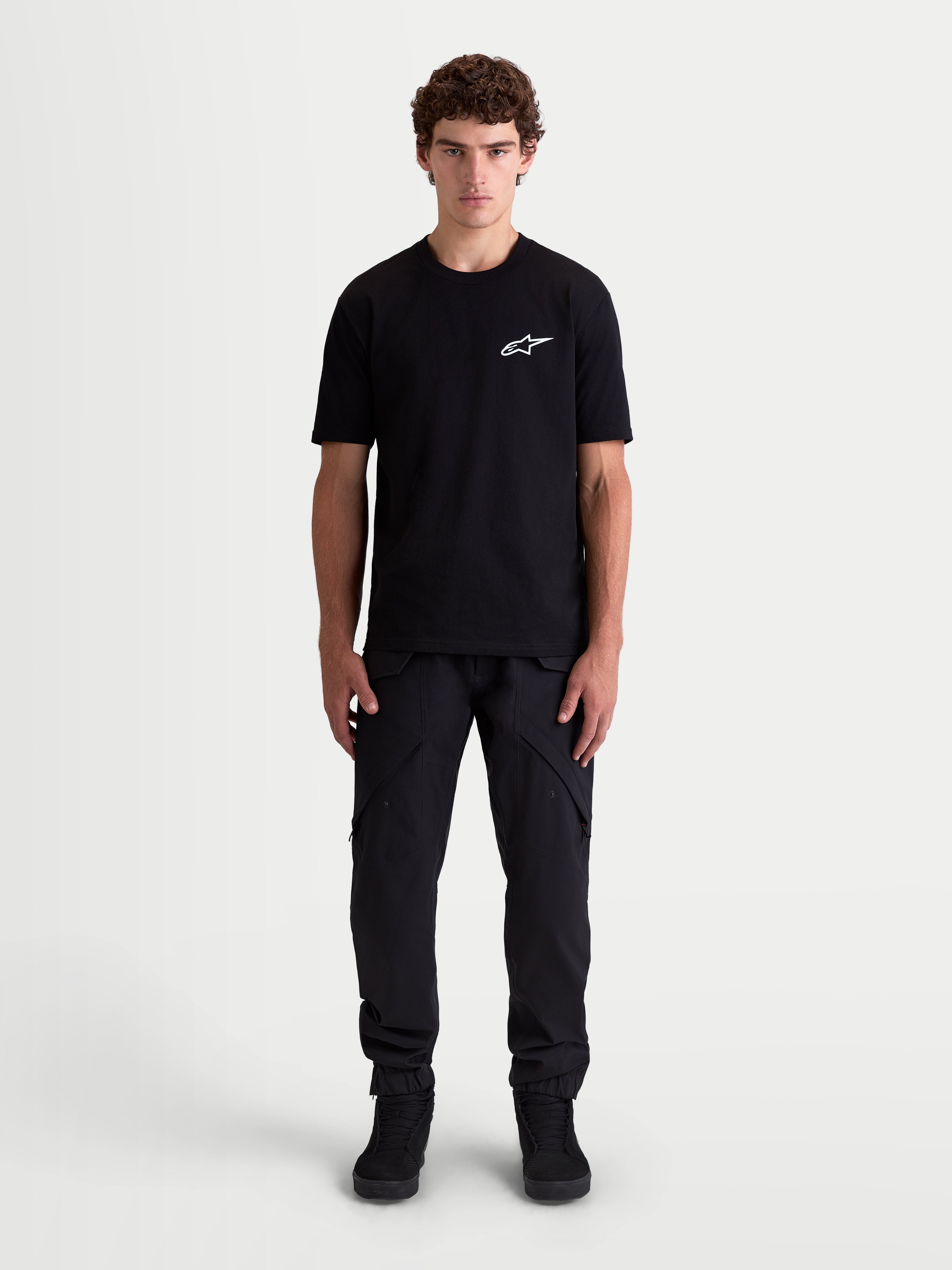 Alpinestars Combo Back CSF Tee, Men's Short Sleeve Sportswear T-Shirt, Black with White Astars Logo on Chest, Premium Cotton-Poly Blend for Motorsport-Inspired Style.
