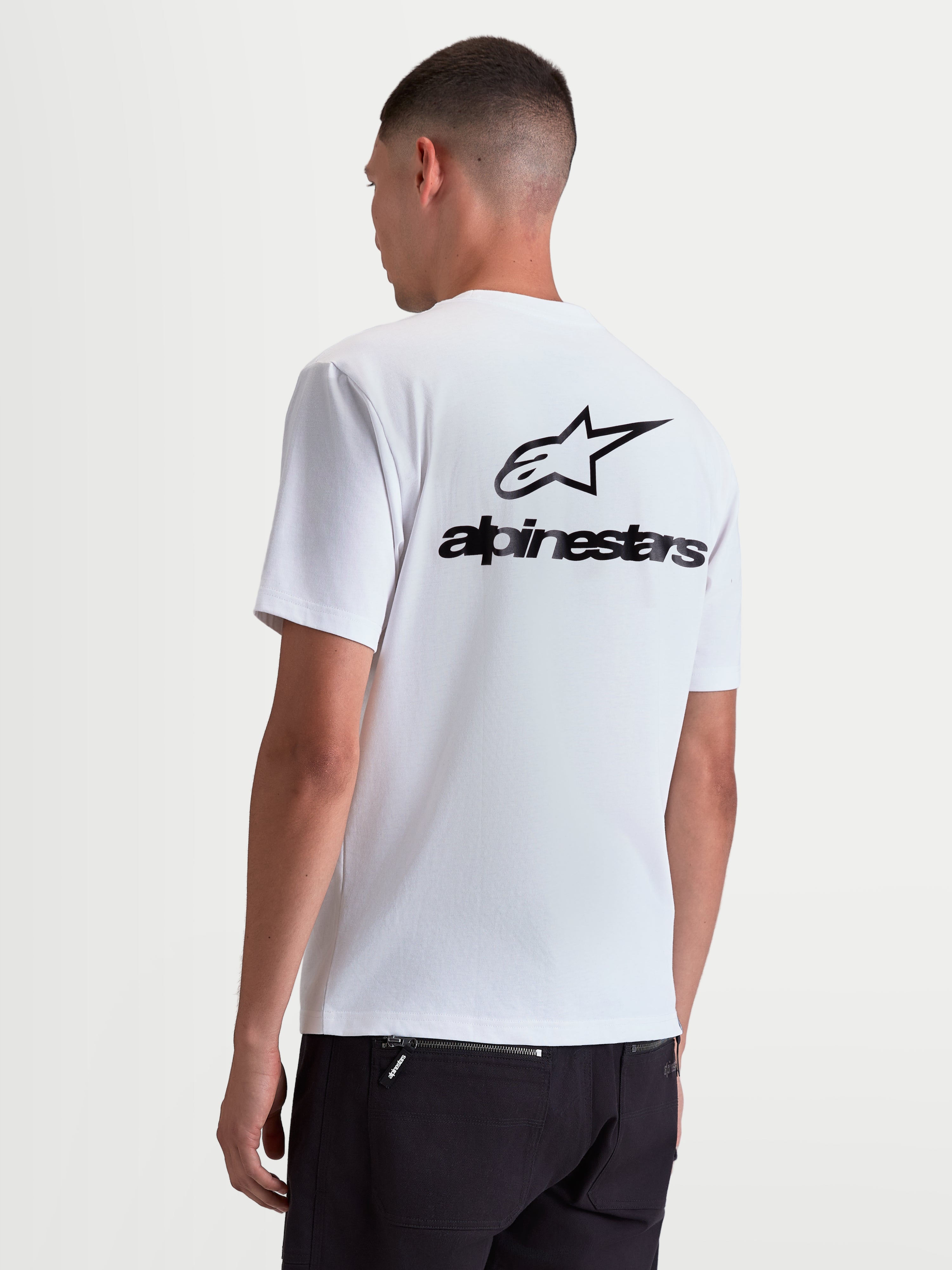 Alpinestars Combo Back CSF Tee, Short Sleeve Sportswear T-shirt, Unisex, White and Black, premium cotton-poly blend, featuring a large black Astars logo and wordmark graphic on the back, on-model view.