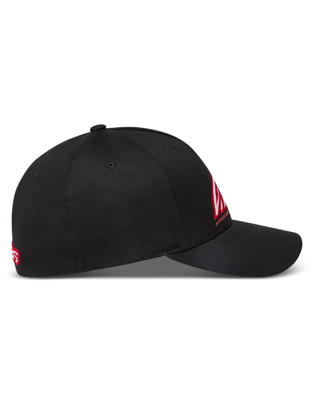 Alpinestars Lineout Hat, Black Curved Bill Sportswear Cap, Structured Crown, Red and White Logo Embroidery, Twill Fabric.