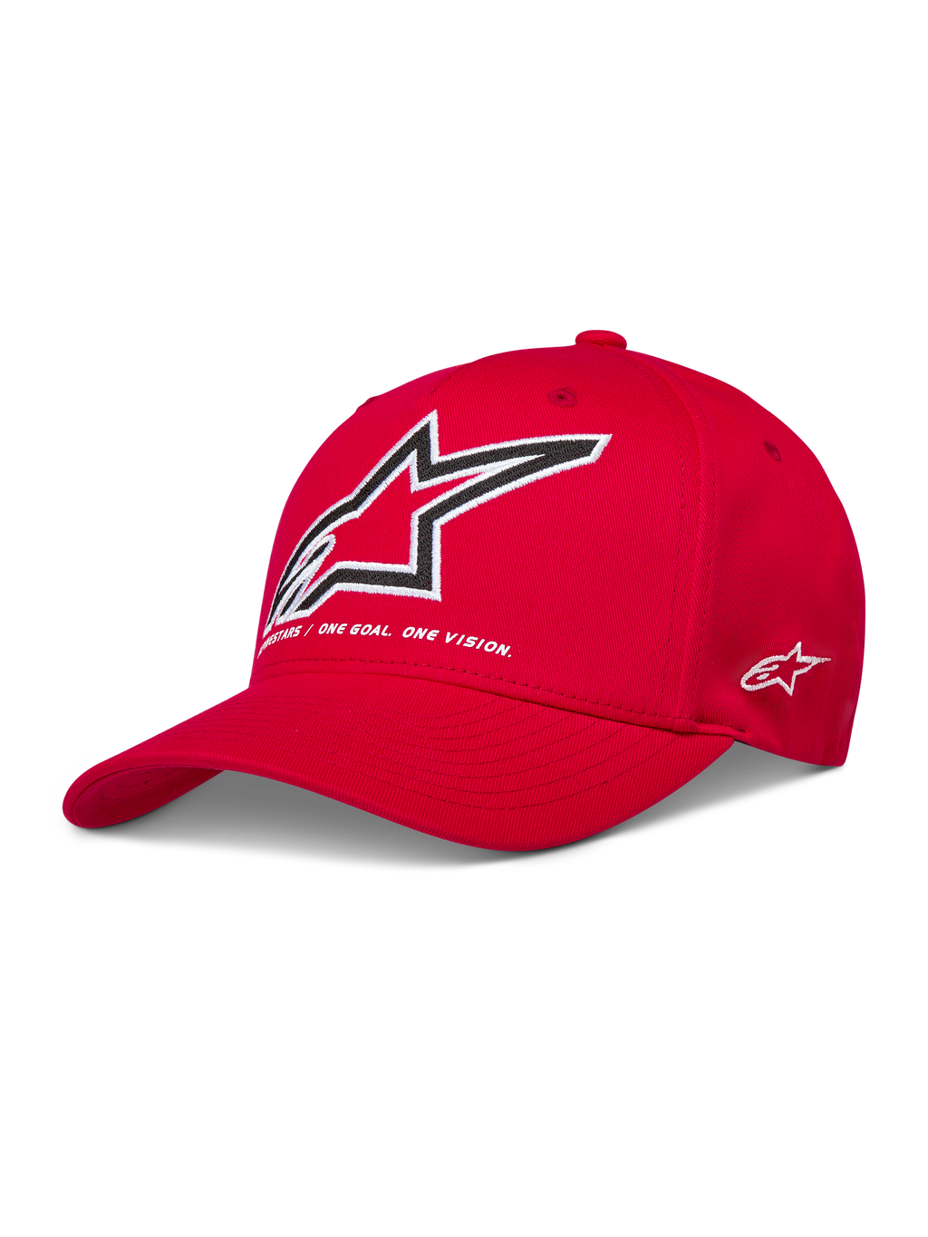 Alpinestars Lineout Hat, red sportswear baseball cap featuring a white embroidered Astars logo and One Goal One Vision motto.