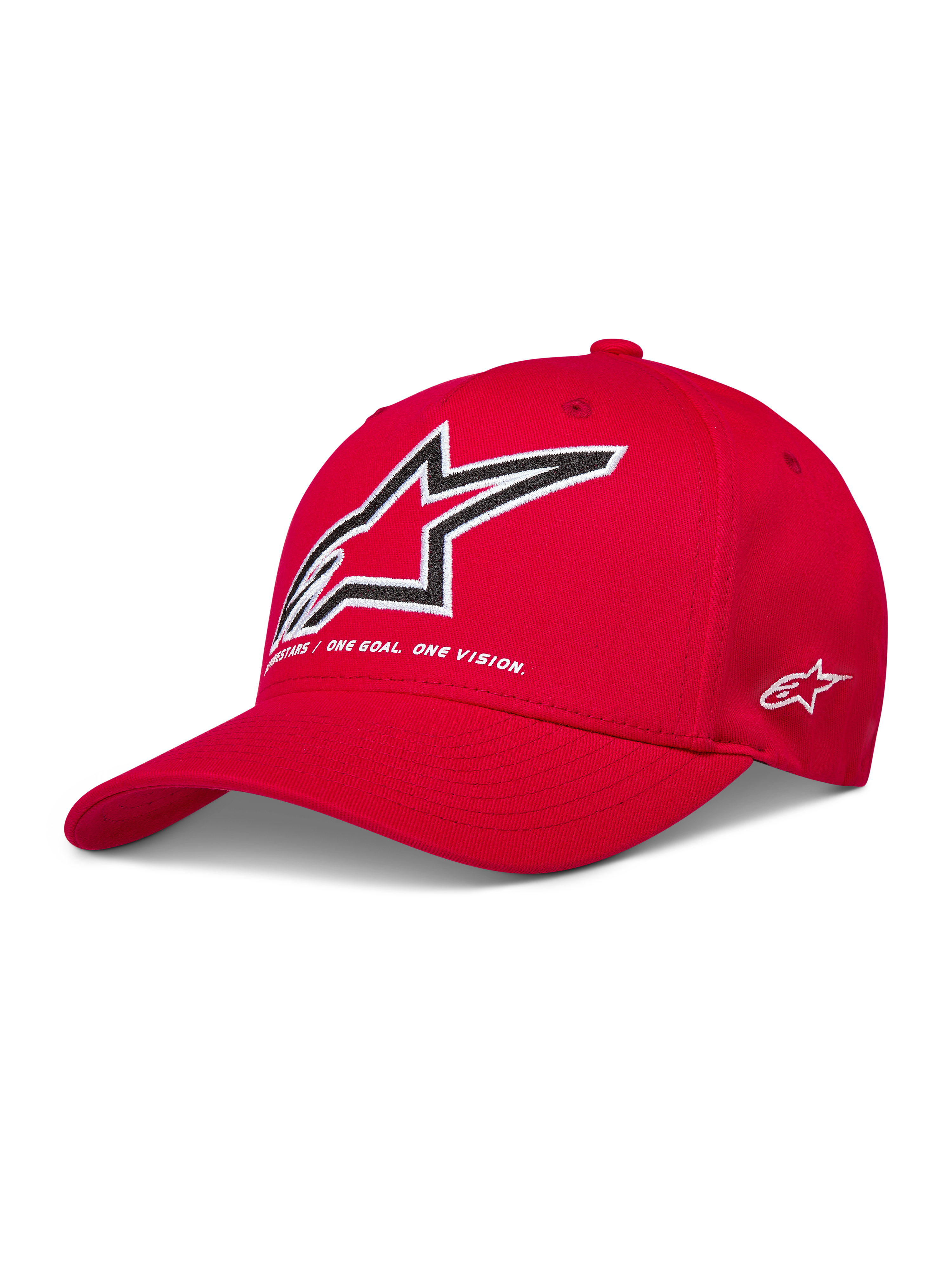 Alpinestars Lineout Hat, red sportswear baseball cap featuring a white embroidered Astars logo and One Goal One Vision motto.