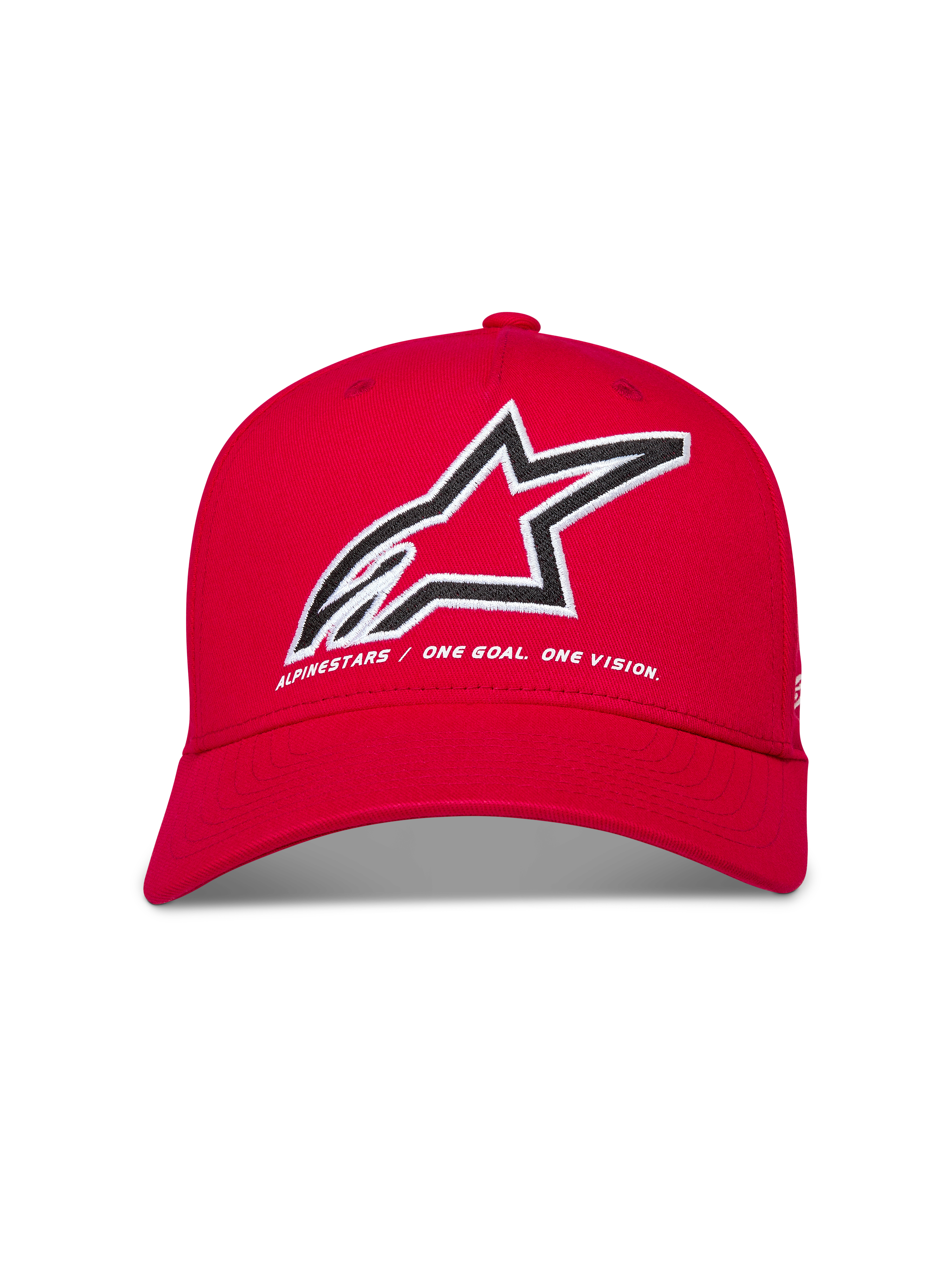 Alpinestars Red Lineout Hat, curved bill baseball cap with embroidered Astars logo and One Goal One Vision text.
