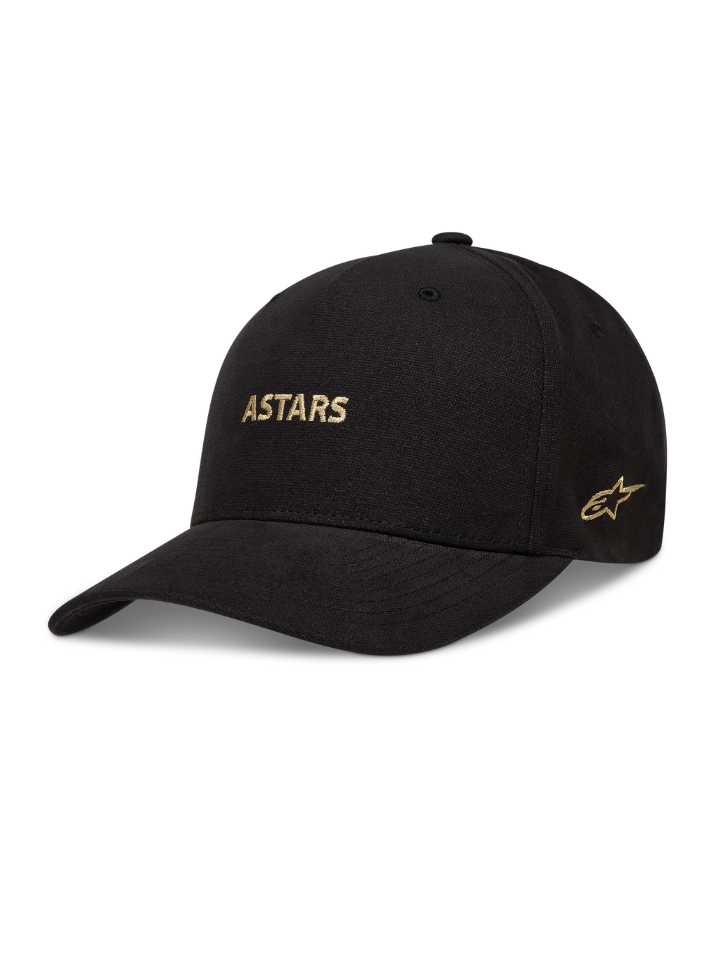 Alpinestars County Canvas Hat, black structured sportswear cap with a curved bill and gold embroidered Astars logo.