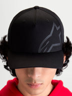 Alpinestars Maze Hat, Motorsport-Inspired Sportswear Baseball Cap, Unisex, Black, Twill Fabric with Structured Crown, Curved Bill, and Textured Tonal Astars Corp Shift Logo, On-Model Front View.