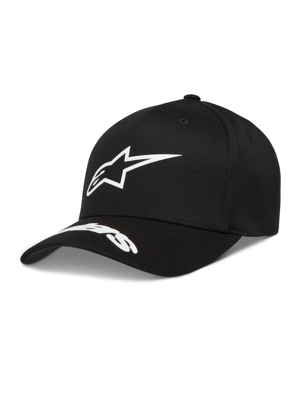 Alpinestars Arclight Hat, black twill cap with white puff print logo and word logo on the curved bill.