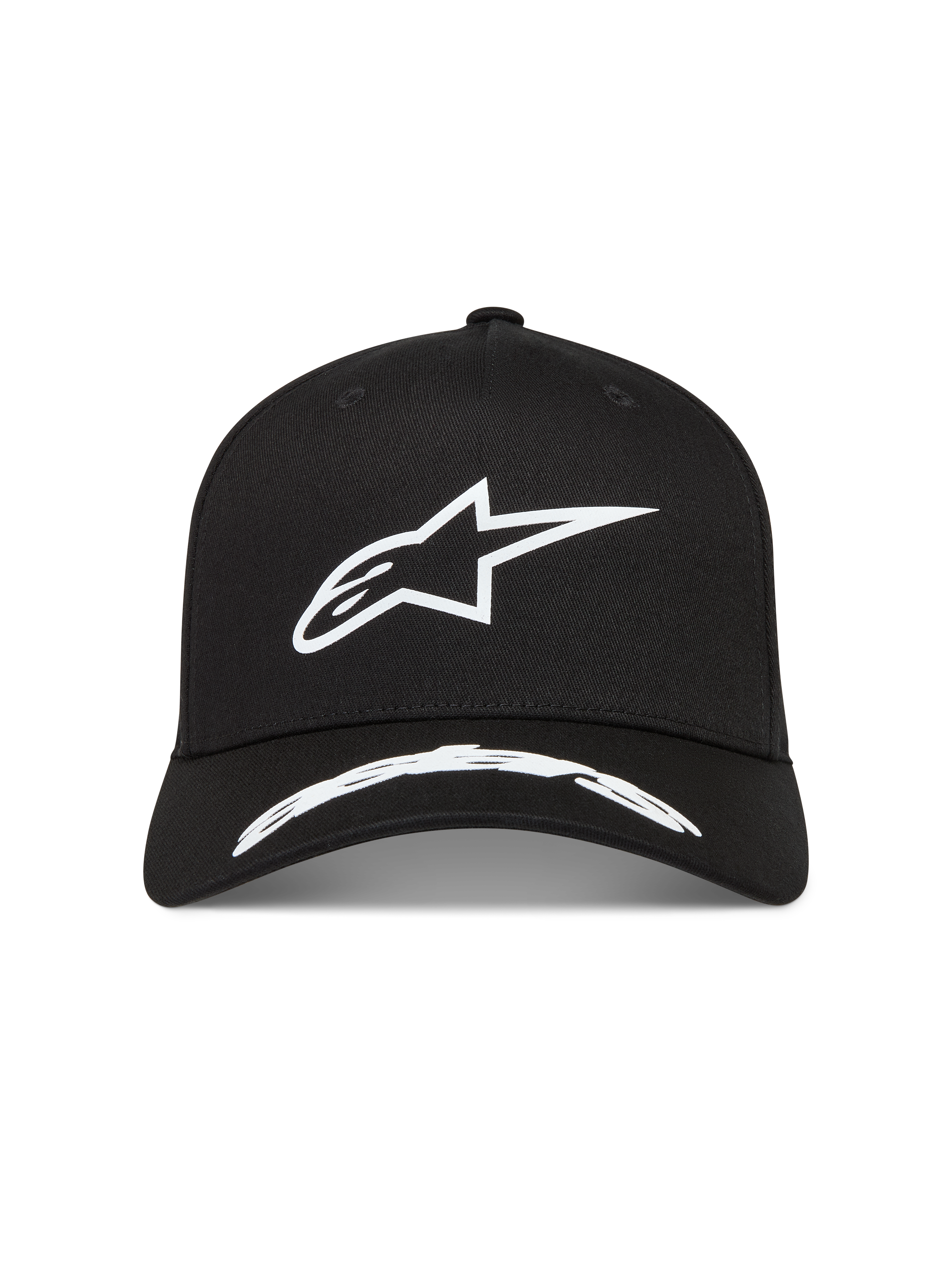 Alpinestars Arclight Hat, Black Twill Sportswear Cap with White Textured Puff Print Astars Logo and Curved Bill.