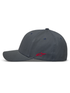 Alpinestars Points Hat, Dark Grey Sportswear Baseball Cap with Red side logo, nylon tactel fabric, and flex back design.