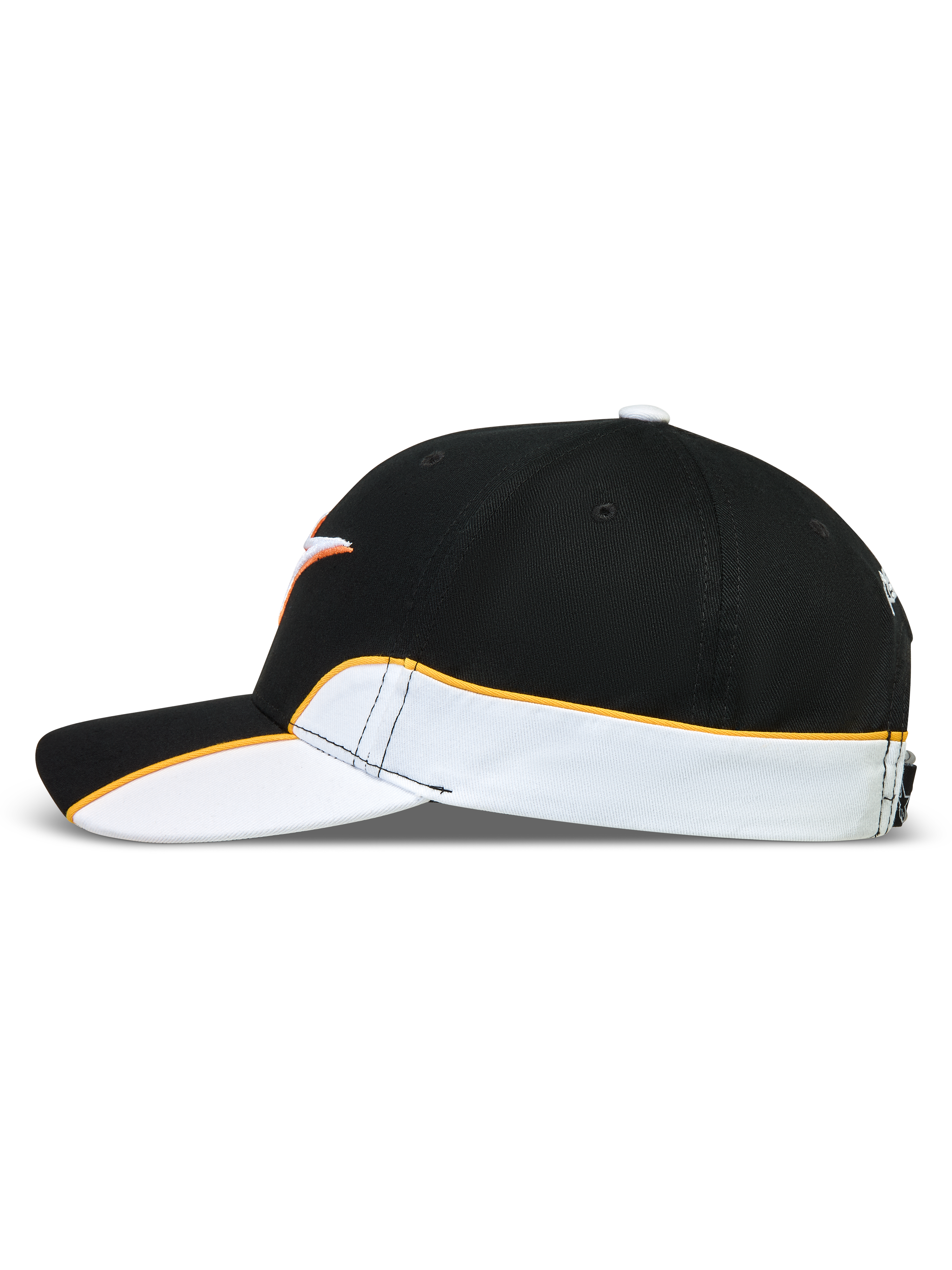 Alpinestars 500 Snapback Hat, Motorsport-inspired Sportswear Lifestyle Cap, Unisex, Black and White with Orange Contrast Piping, Curved Bill and Structured Crown, Durable Cotton Twill, Side View showing cut-and-sew detailing.