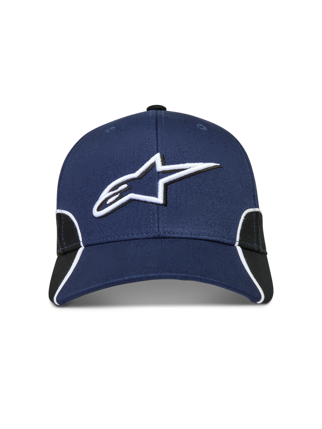 Alpinestars 500 Snapback Hat, Sportswear Motorsport-Inspired Baseball Cap for Men and Women, Navy Blue and Black, featuring 3D Astars logo embroidery, curved bill, structured crown, and contrast piping.
