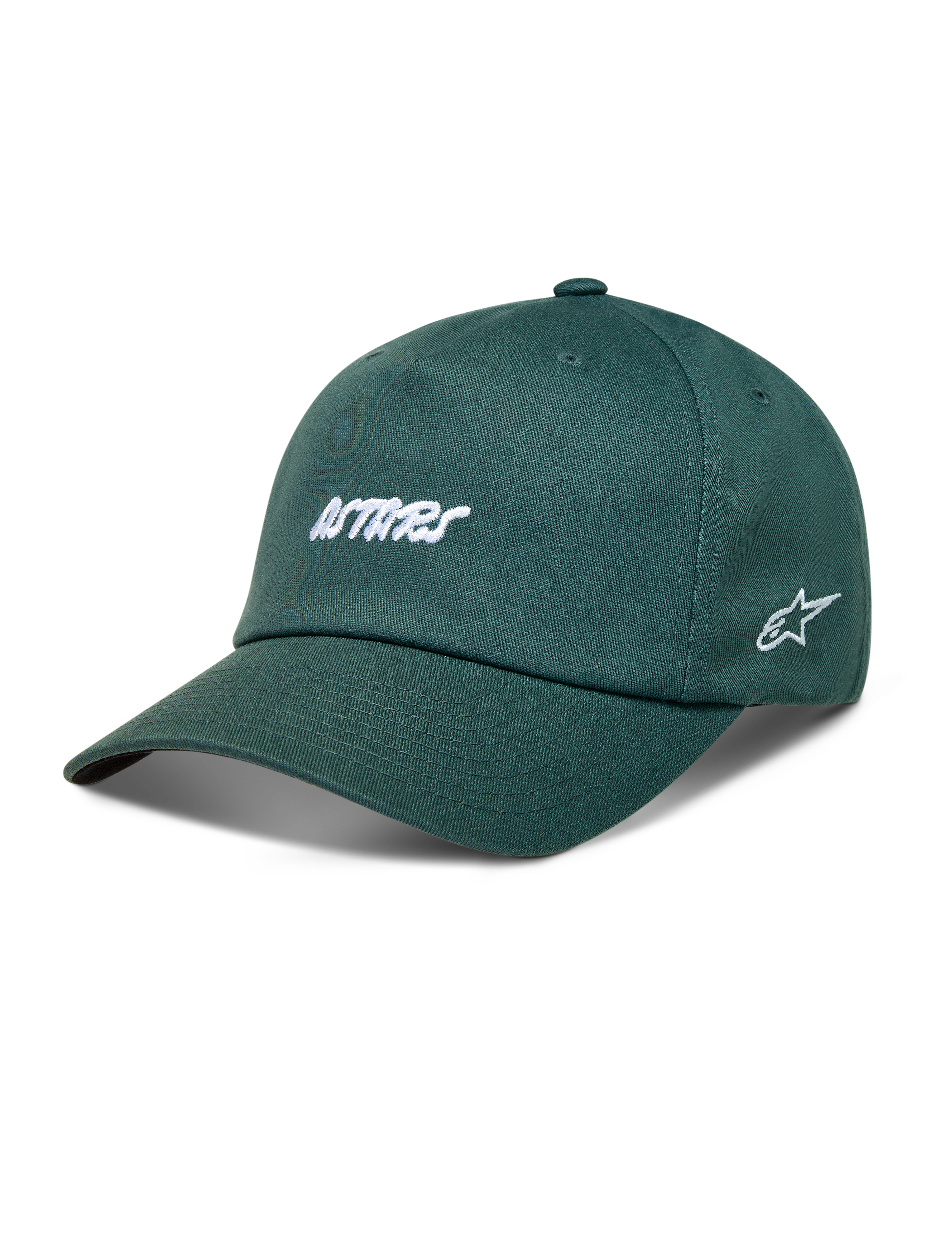 Alpinestars Explorer Strapback Hat, Green twill sportswear cap featuring white Astars embroidery and a curved bill.