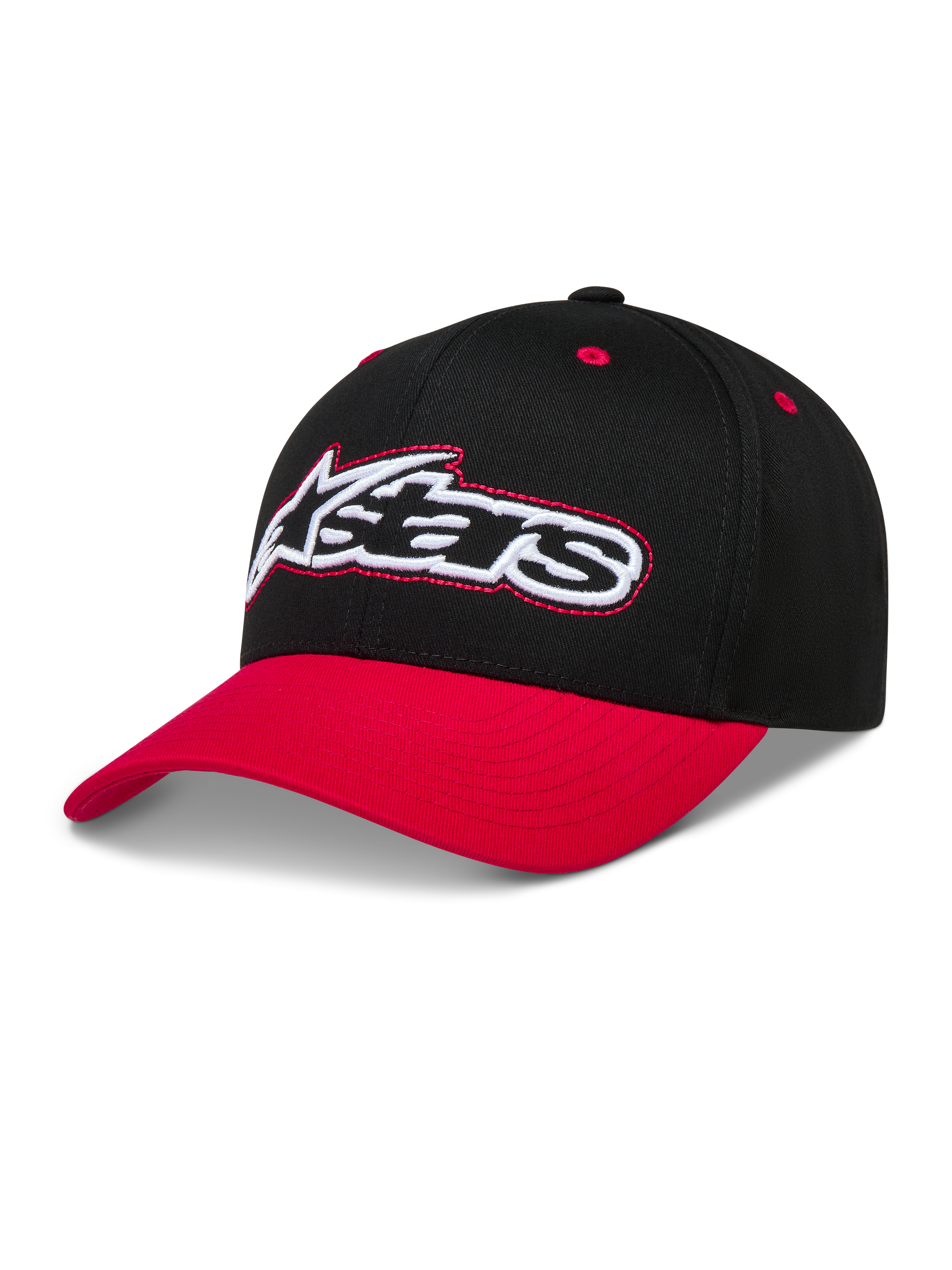 Alpinestars Retro Snapback Hat, Sportswear Baseball Cap, Black and Red, featuring a curved bill and embroidered Astars logo