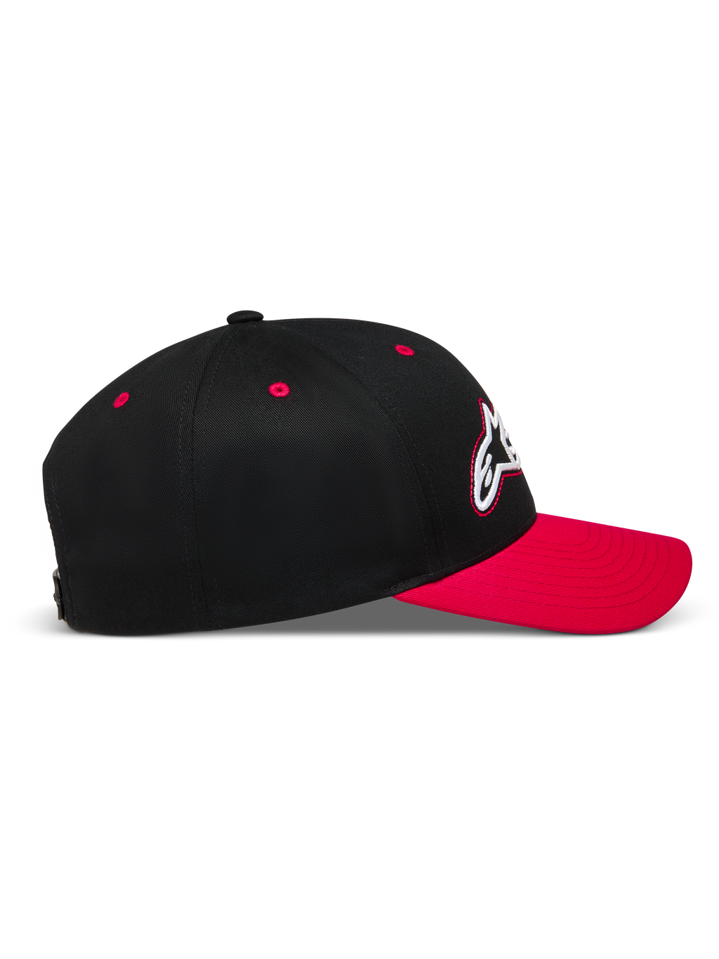 Alpinestars Retro Snapback Hat, Black and Red Sportswear Cap, profile view with curved bill and structured twill crown.