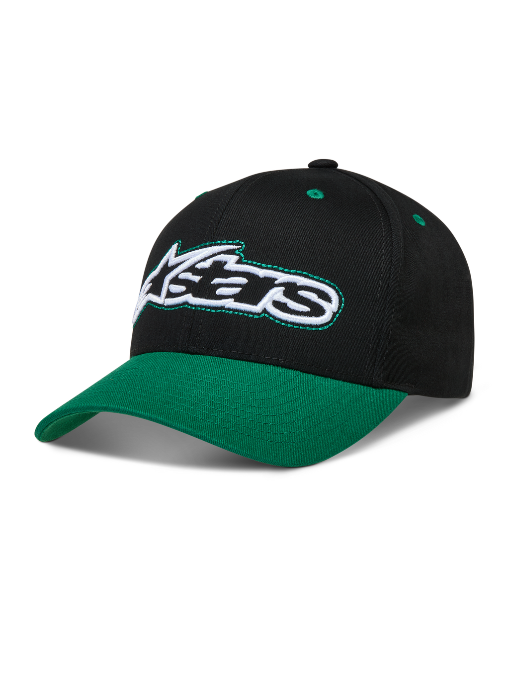 Alpinestars Retro Snapback Hat, Black and Green Sportswear Cap, curved bill, structured crown, and embroidered Astars logo.