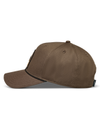 Alpinestars Acme Snapback Hat, walnut brown cotton twill sportswear cap with a curved bill, side view profile.