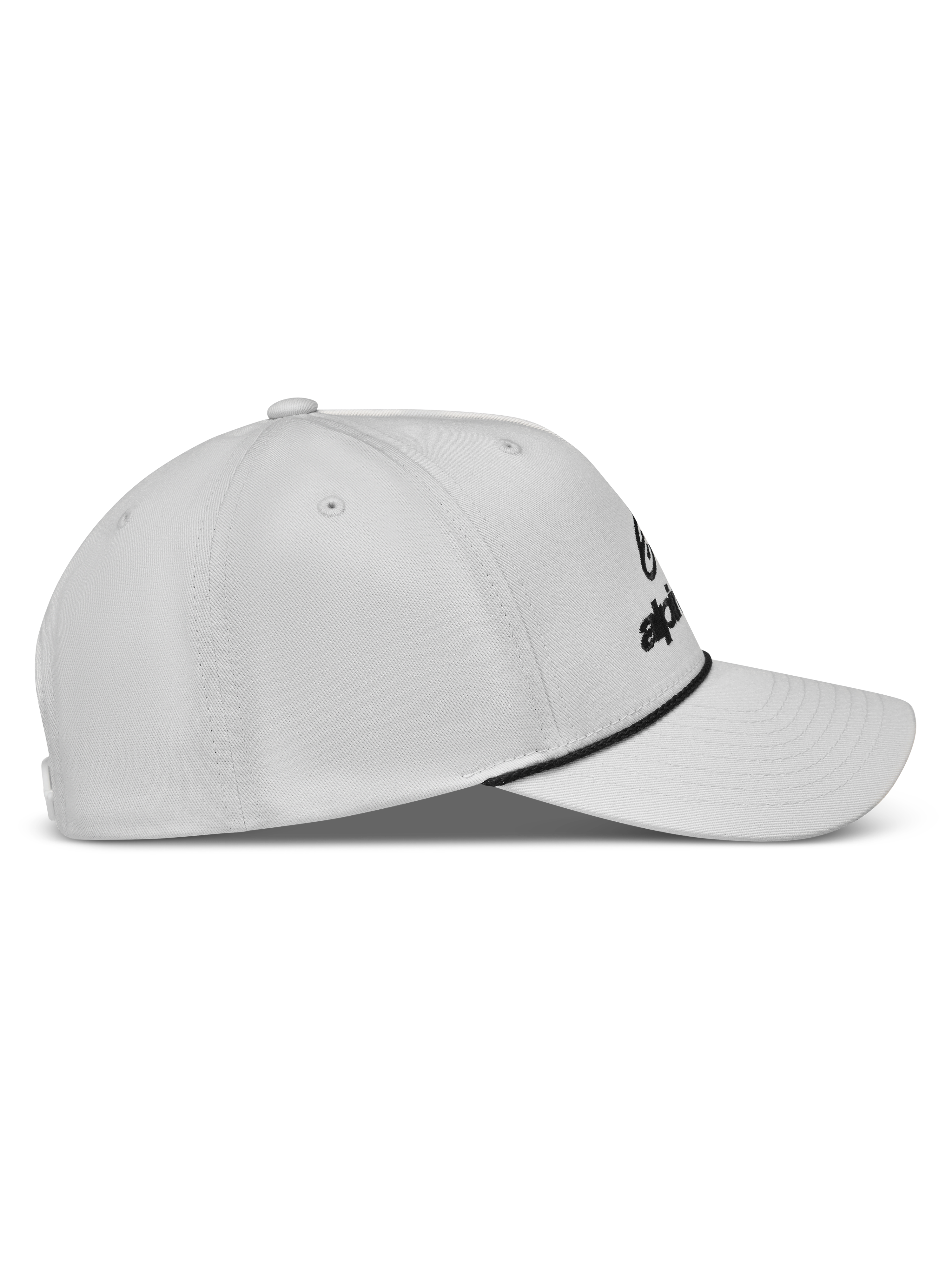 Alpinestars Combo Logo Snapback Hat, off-white sportswear cap with black rope detail, structured crown, and curved bill.