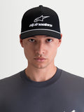 Alpinestars Combo Logo Snapback Hat, Motorcycle Sportswear Cap, Unisex, Black and White, Features Curved Bill, Structured Crown, and Embroidered Astars Logo, 100% Cotton Twill, On-Model Front View.