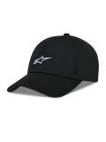 Alpinestars Dylan Dad Hat, Black unstructured twill cap with white Astars logo embroidery and curved bill.