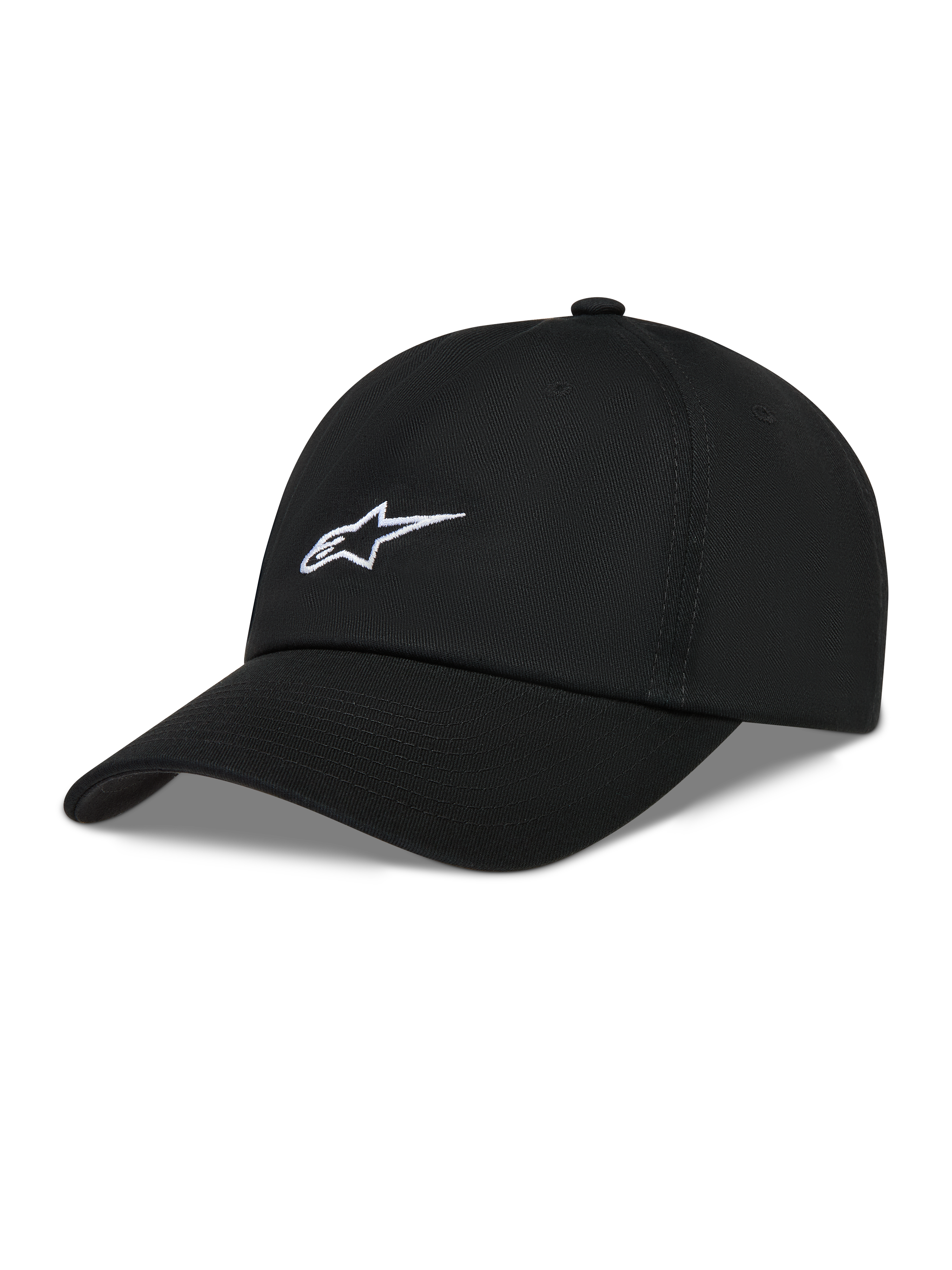 Alpinestars Dylan Dad Hat, Black unstructured twill cap with white Astars logo embroidery and curved bill.