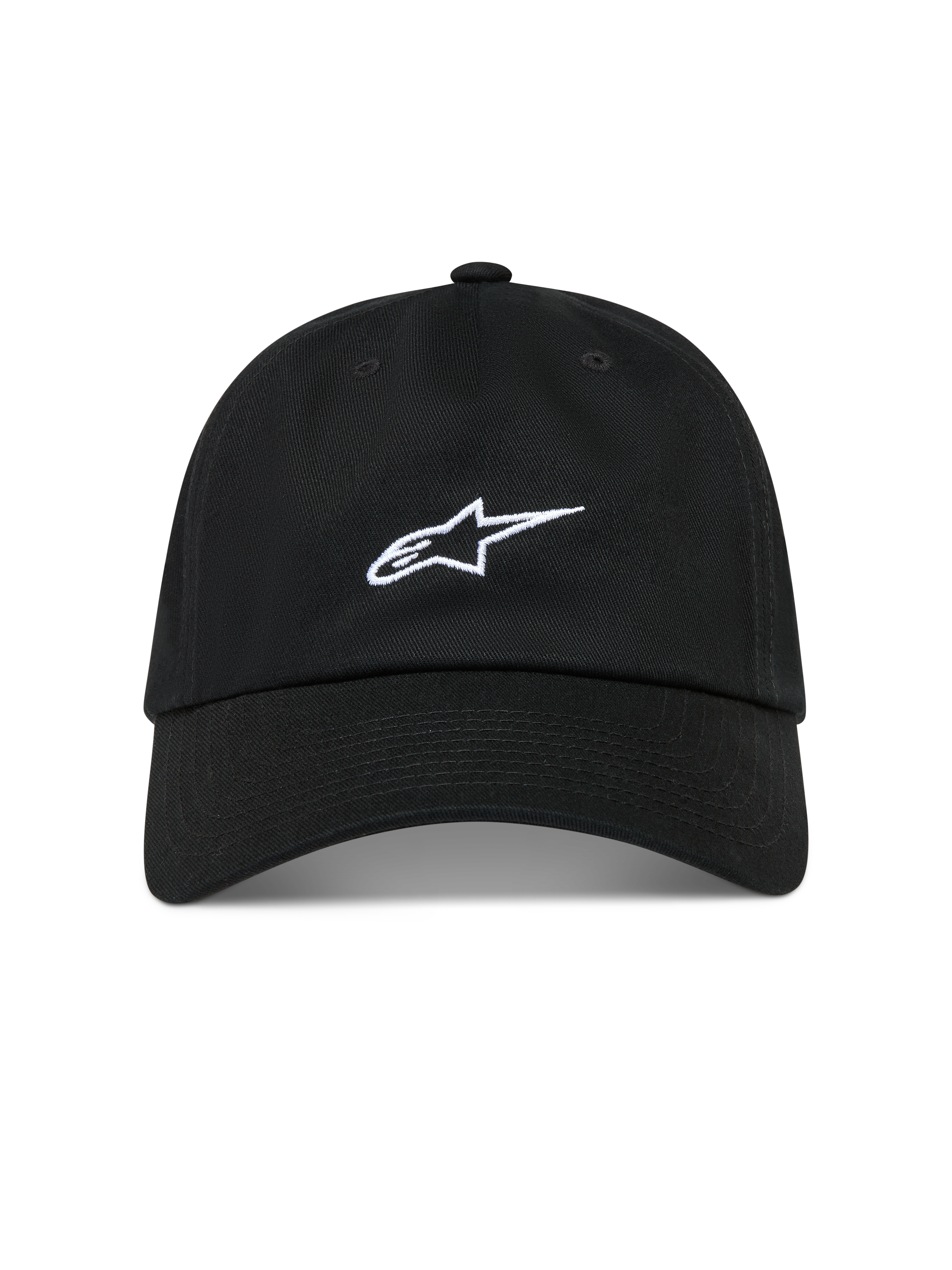 Alpinestars Dylan Dad Hat, Black Sportswear Cap with White Astars Logo, Curved Bill, Unstructured Low Crown, Cotton Twill.