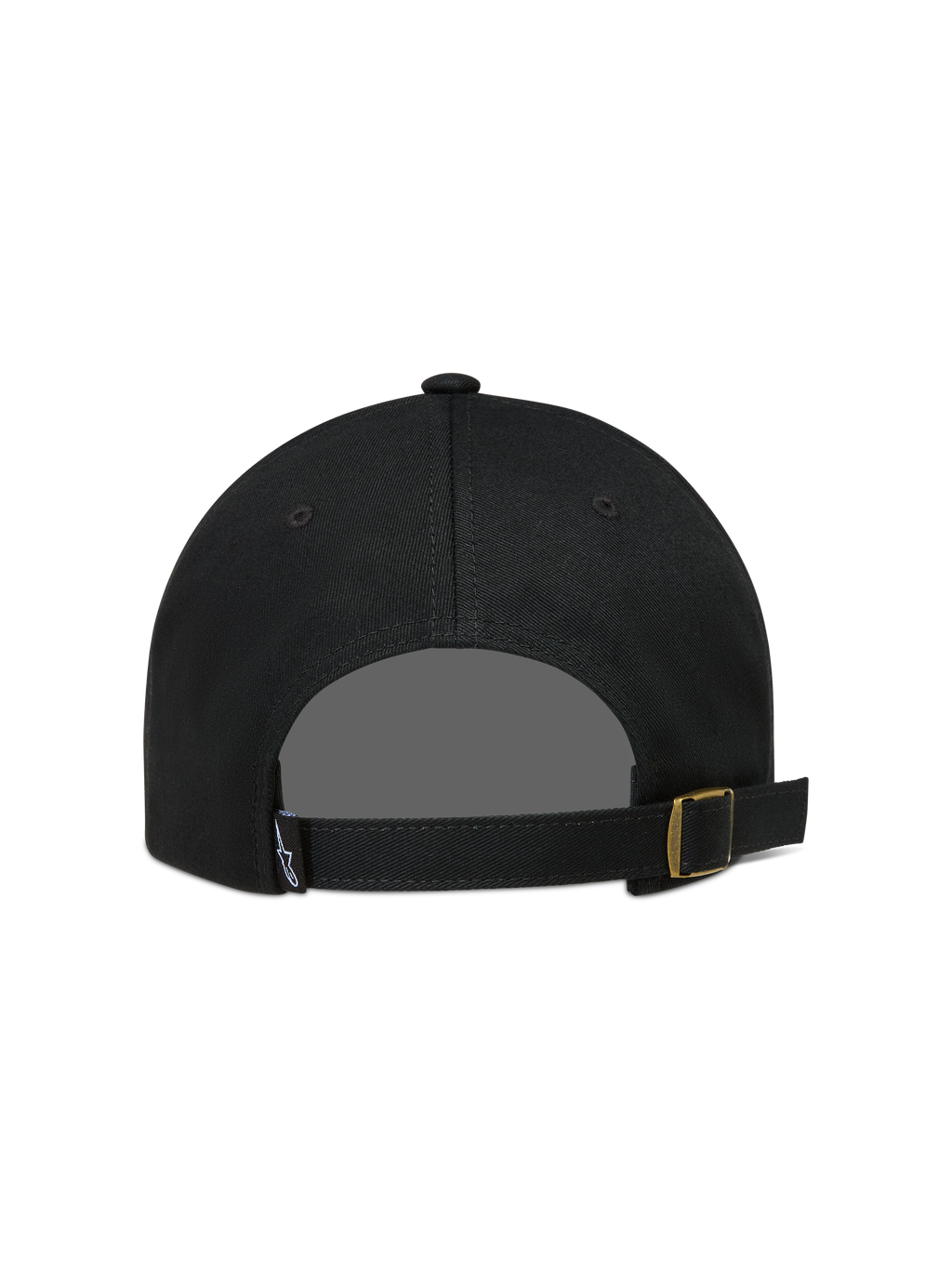 Alpinestars Dylan Dad Hat, black twill sportswear cap featuring an adjustable strap-back closure with a metal buckle.