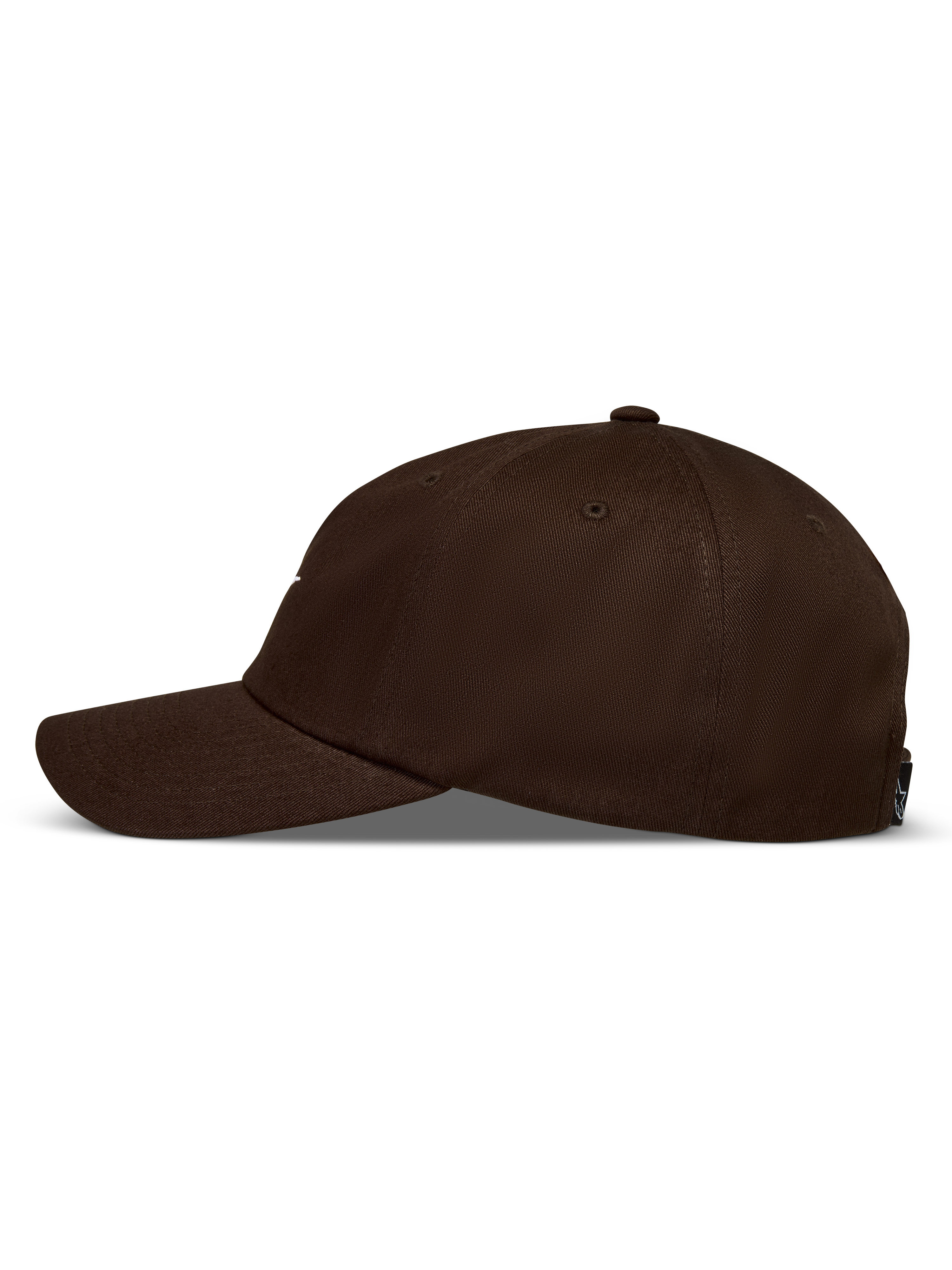 Alpinestars Dylan Dad Hat, brown sportswear cap with a curved bill and unstructured low crown in cotton twill, side view.