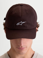 Alpinestars Dylan Dad Hat, Casual Sportswear Cap, Brown with white Astars logo embroidery, Curved Bill and Unstructured Low Crown, 100% Cotton Twill, On-Model Front View.