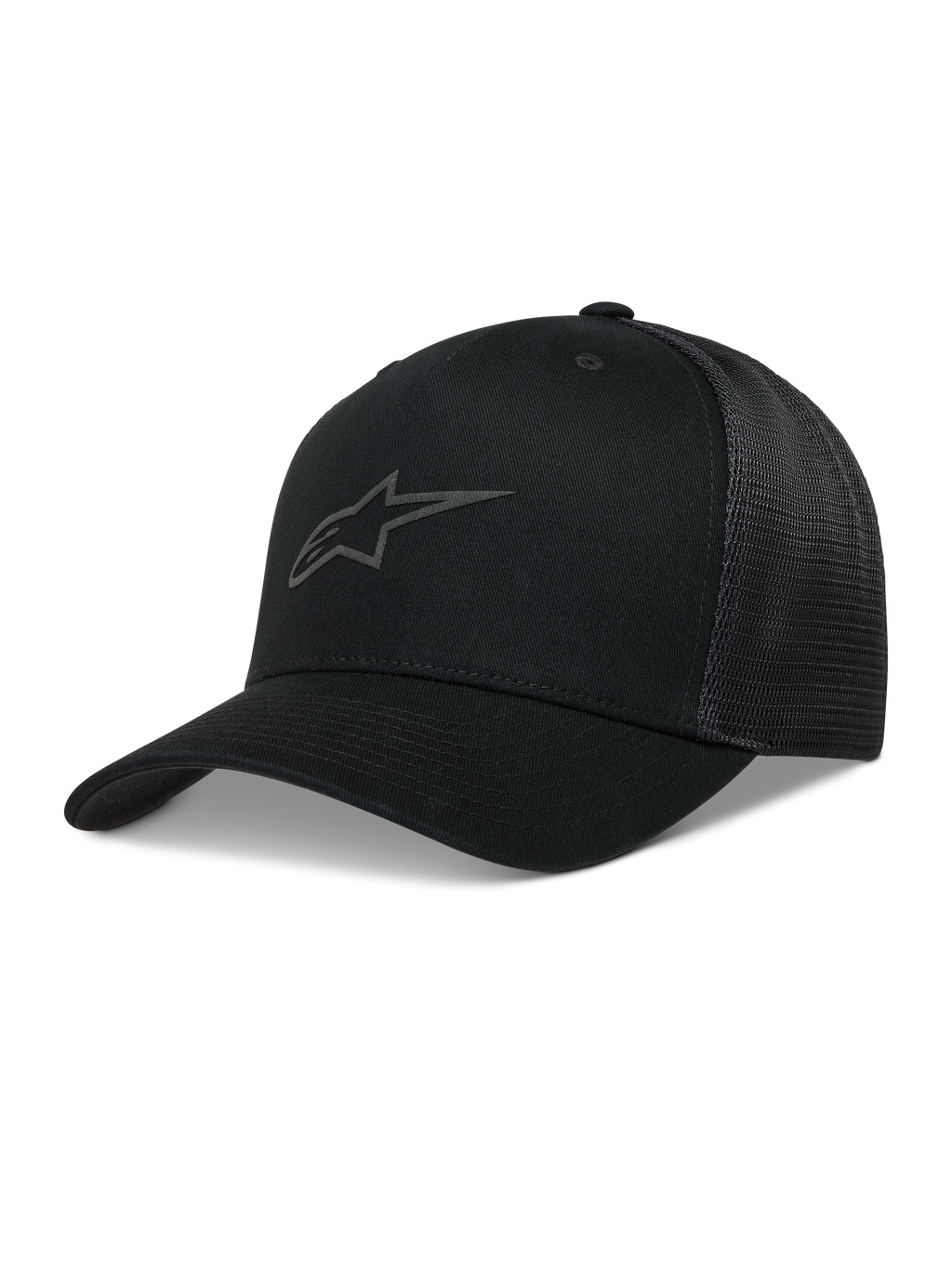 Alpinestars Augment Trucker Hat, black sportswear cap with curved bill, twill front, diamond mesh back, and puff print logo.