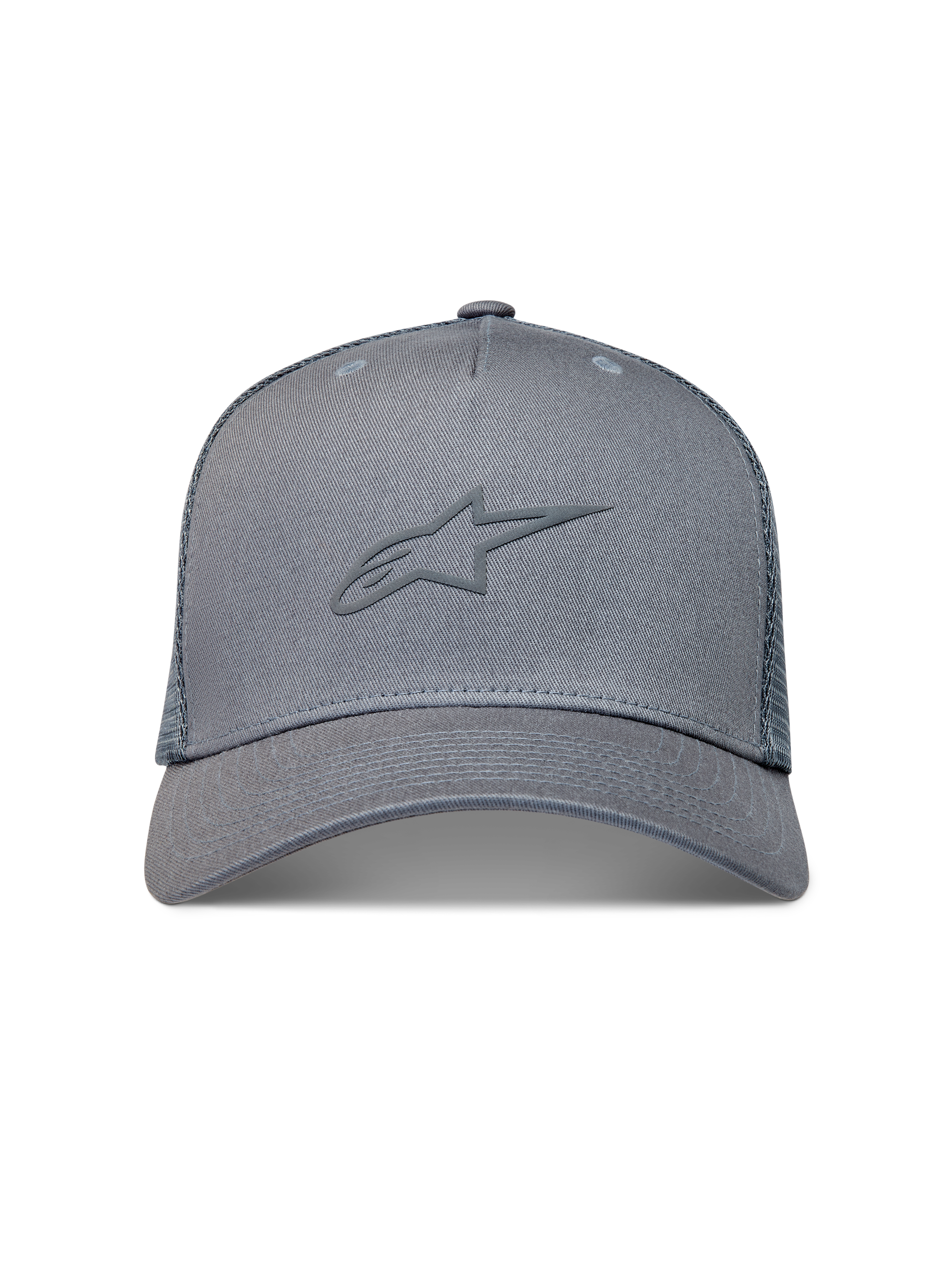 Alpinestars Augment Trucker Hat, grey sportswear cap with a textured puff print logo, curved bill, and diamond mesh back.