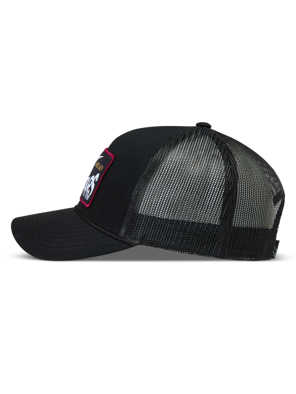 Alpinestars Hemmings Trucker Hat, black sportswear cap with a twill front, breathable mesh back, and curved bill.