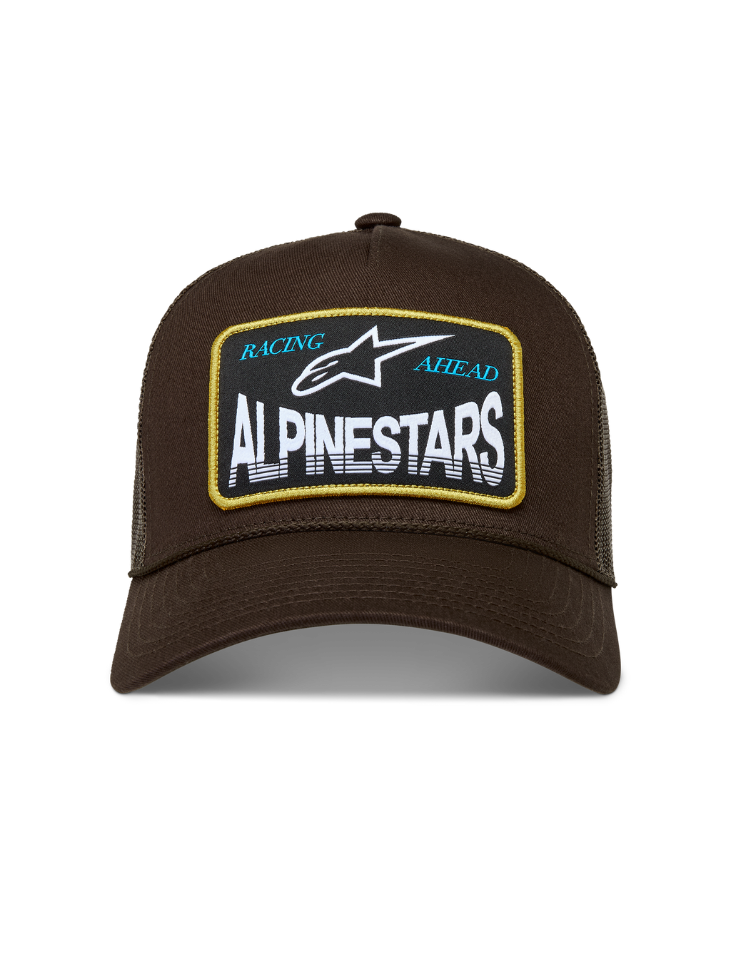 Alpinestars Hemmings Trucker Hat, brown sportswear cap with a woven Alpinestars Racing Ahead logo patch and mesh back.