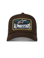 Alpinestars Hemmings Trucker Hat, brown sportswear cap with a woven Alpinestars Racing Ahead logo patch and mesh back.