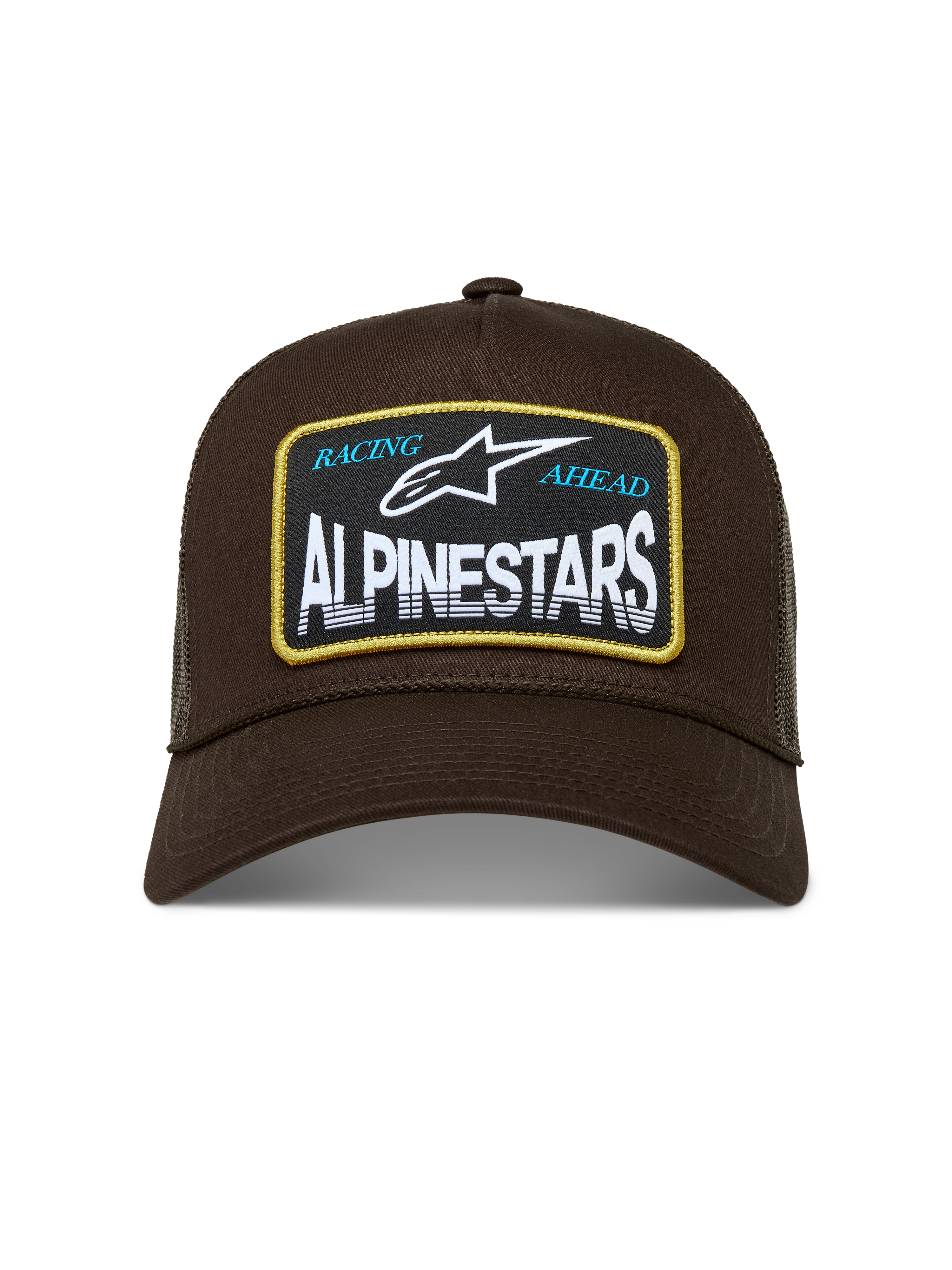 Alpinestars Hemmings Trucker Hat, brown sportswear cap with a woven Alpinestars Racing Ahead logo patch and mesh back.