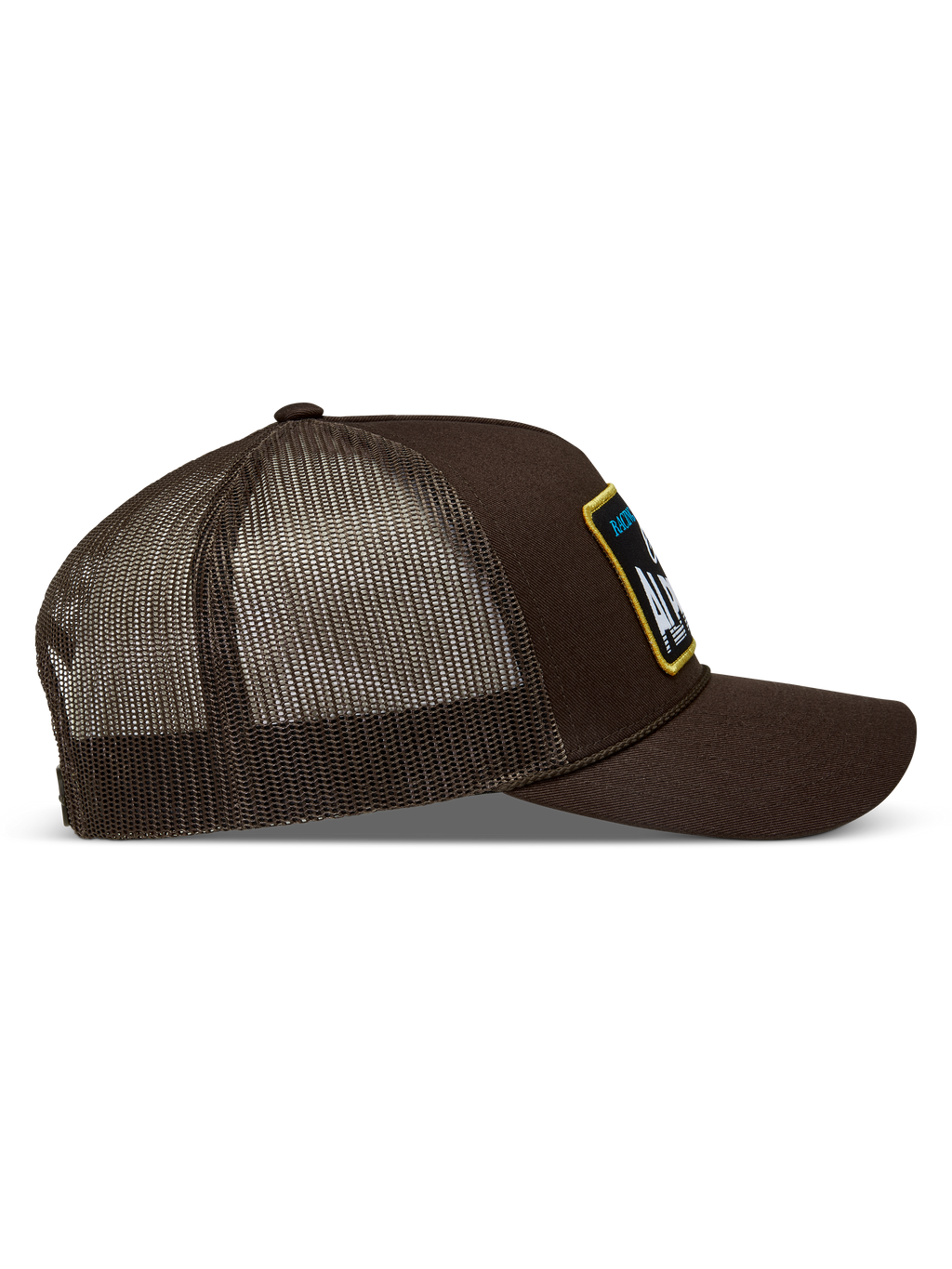 Alpinestars Hemmings Trucker Hat, Brown Sportswear Snapback, Twill and Poly Mesh construction, side profile view.