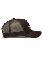Alpinestars Hemmings Trucker Hat, Brown Sportswear Snapback, Twill and Poly Mesh construction, side profile view.