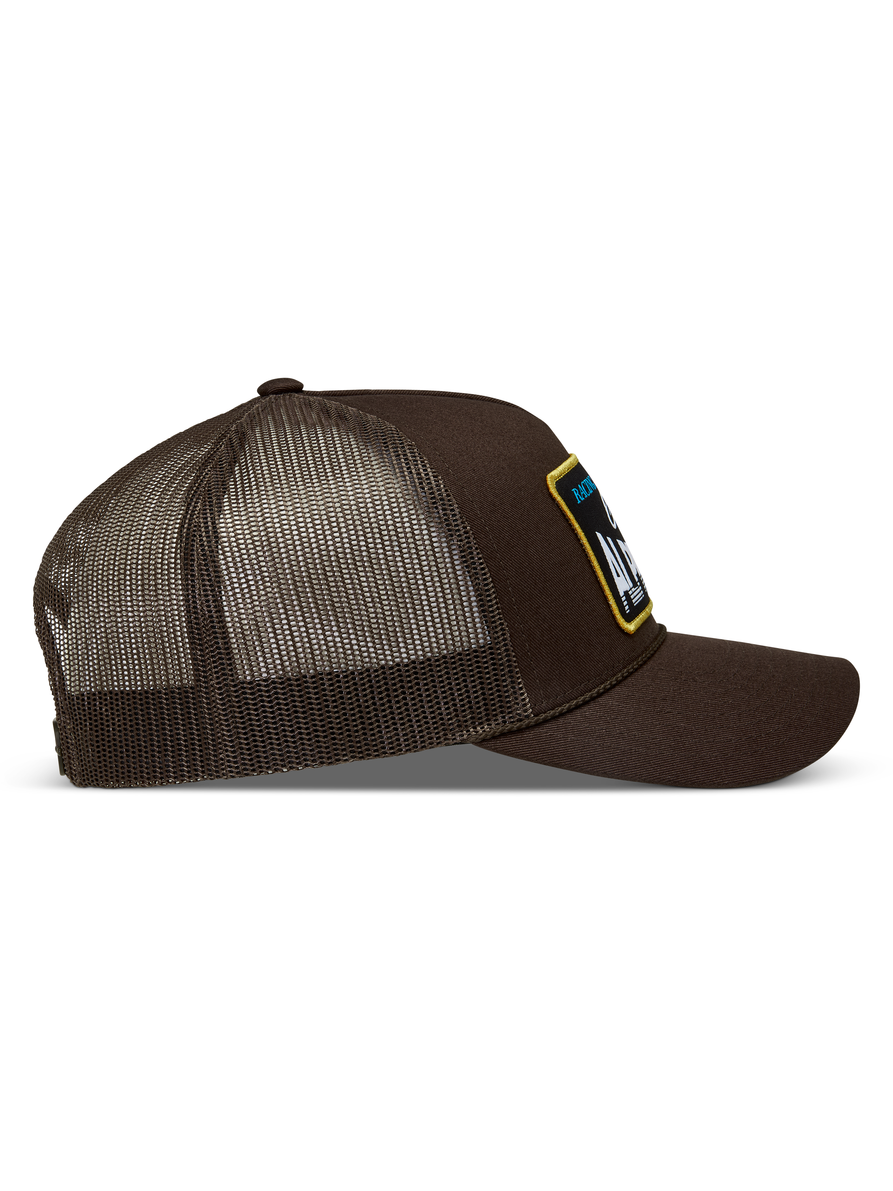 Alpinestars Hemmings Trucker Hat, Brown Sportswear Snapback, Twill and Poly Mesh construction, side profile view.