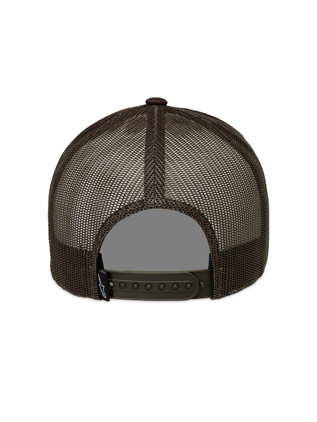 Alpinestars Hemmings Trucker Hat, brown snapback cap with breathable poly mesh panels and adjustable closure.