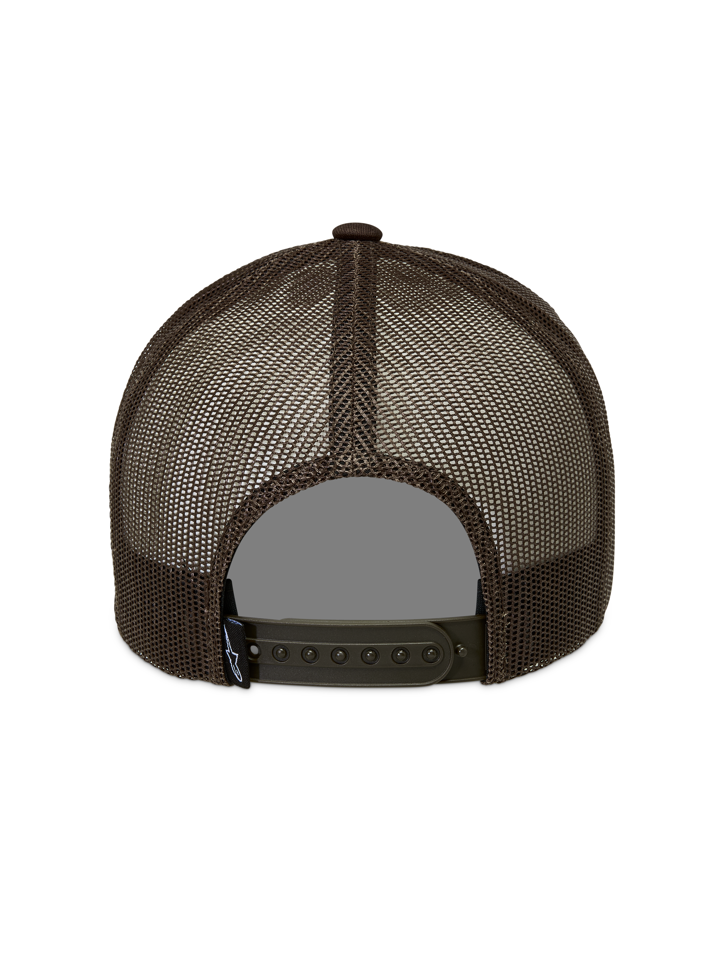 Alpinestars Hemmings Trucker Hat, brown snapback cap with breathable poly mesh panels and adjustable closure.