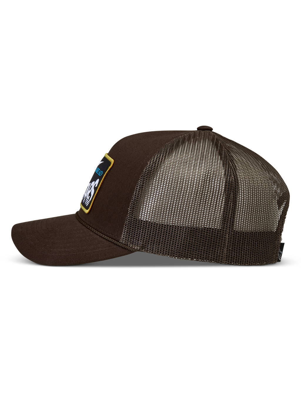 Alpinestars Hemmings Trucker Hat, Brown Unisex Sportswear Mesh Cap with a curved bill and woven logo patch.
