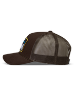 Alpinestars Hemmings Trucker Hat, Brown Unisex Sportswear Mesh Cap with a curved bill and woven logo patch.